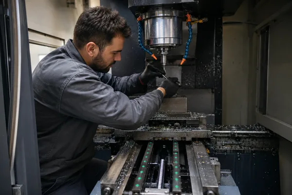 CNC tezgah bakım onarım eğitimi hassas bakım sahnesi Teknisyen CNC işleme merkezinin içinde spindle ve lineer kızak bakımı yapıyor