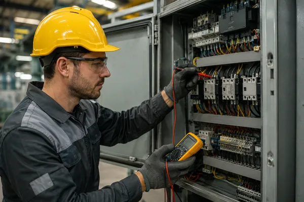 Elektrik teknisyeni açık kumanda panosunda multimetre ile gerilim ölçümü yapıyor
