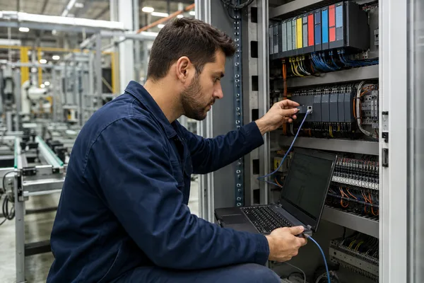 Teknisyen otomasyon hattında PLC kabinine dizüstü bilgisayar bağlayarak arıza arıyor