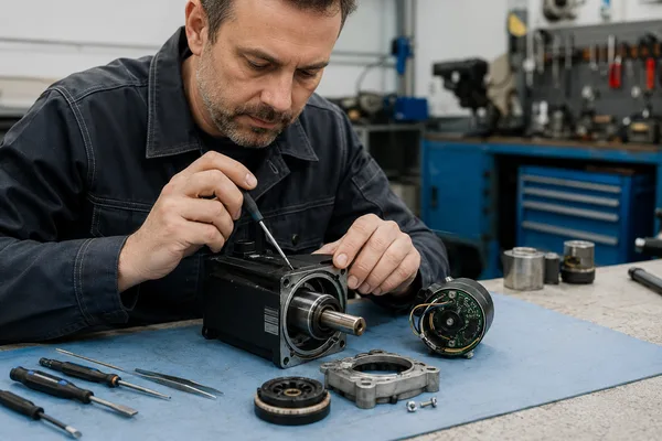 Teknisyen tezgahta sökülmüş servo motorun rotor ve enkoder kısmını onarıyor